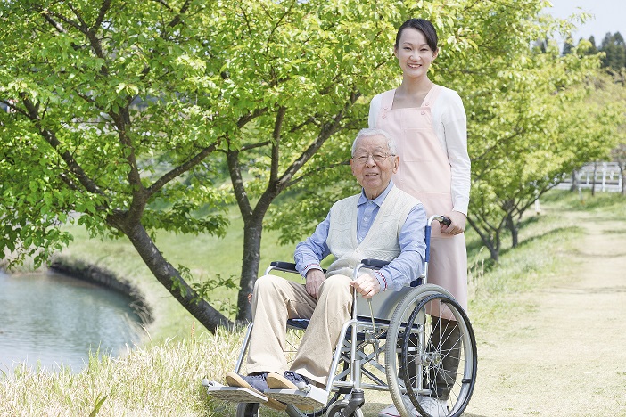 Image of an older gentlemen in a wheel chair at a park.
